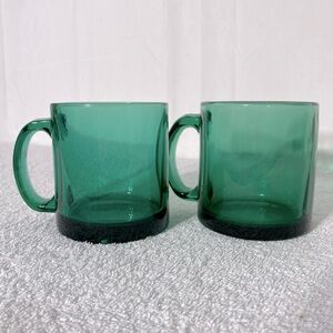 Vintage Emerald Green Clear Glass Mugs Coffee Cups x2